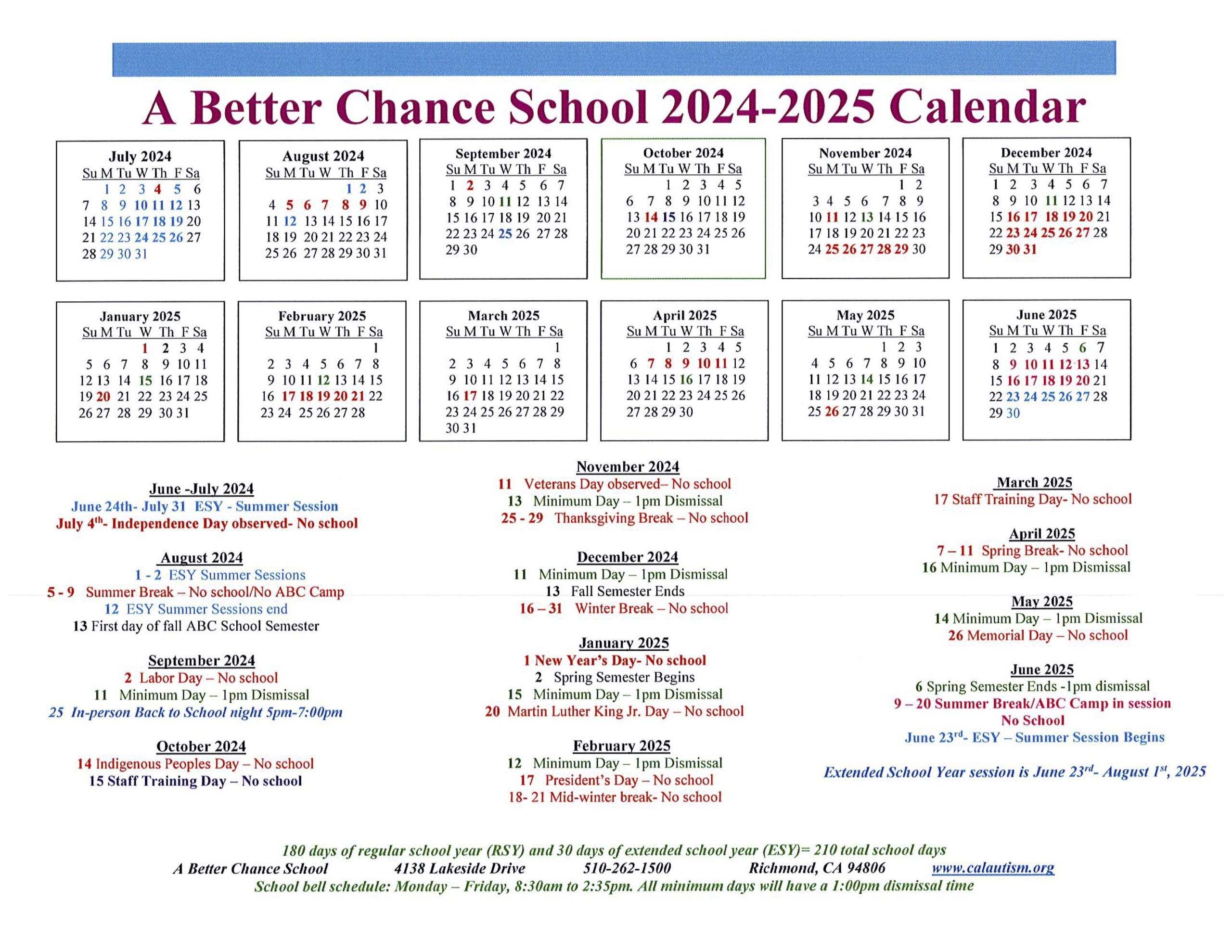 A Better Chance School 20242025 Calendar « California Autism Foundation